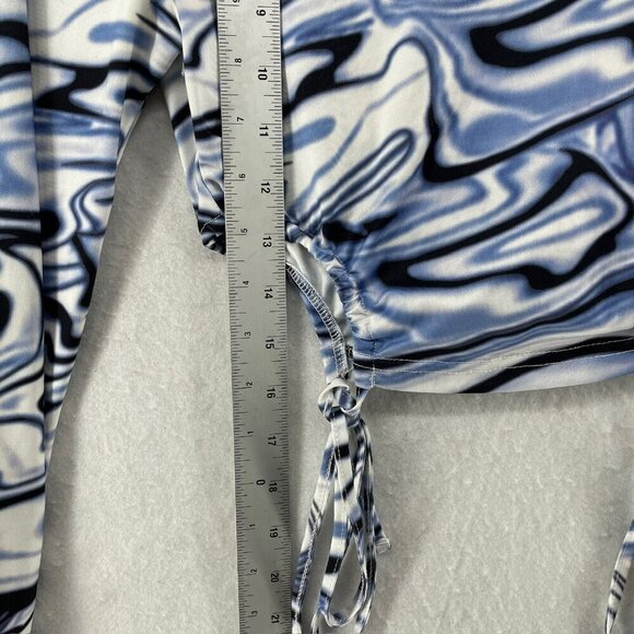 SheIn T Shirt Womens 4 Blue White Marble Print Tee Cut Out Round Neck Tie Side - Picture 4 of 12